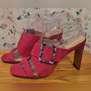 EUC Charles David Gleam Neon Pink Chunky Block Strappy Heel Sandal Shoe SZ 8M